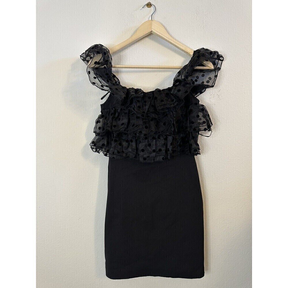 NWOT Women ZARA Off The Shoulder Polka Dot Mesh Velvet Ruffle Mini Dress Black S